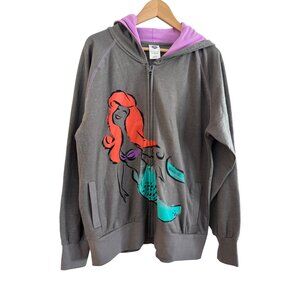 Disney Store Ariel Mermaid Graphic Zip Hoodie Women’s XL Gray Purple Fleece Line